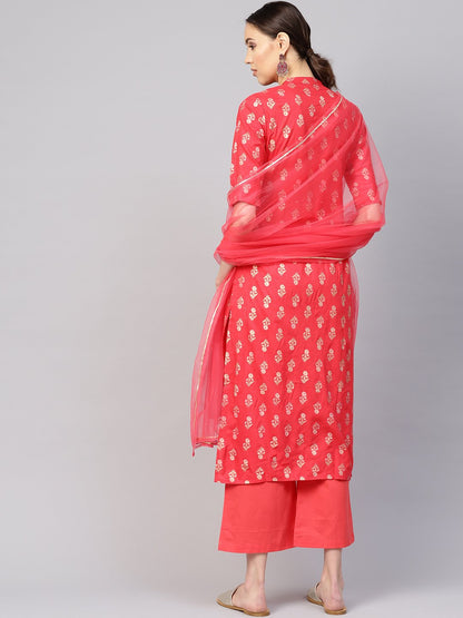 Women's Coral Red & Golden Printed Kurta With Palazzos & Dupatta