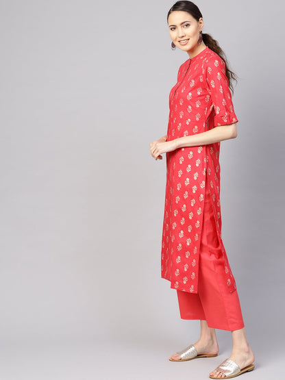 Women's Coral Red & Golden Printed Kurta With Palazzos & Dupatta