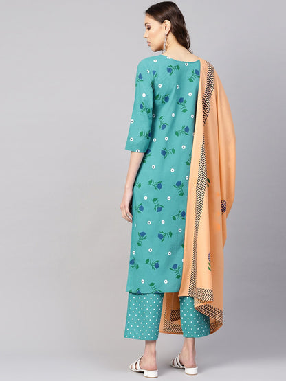 Women's Green & Peach-Coloured Printed Kurta With Trousers & Dupatta