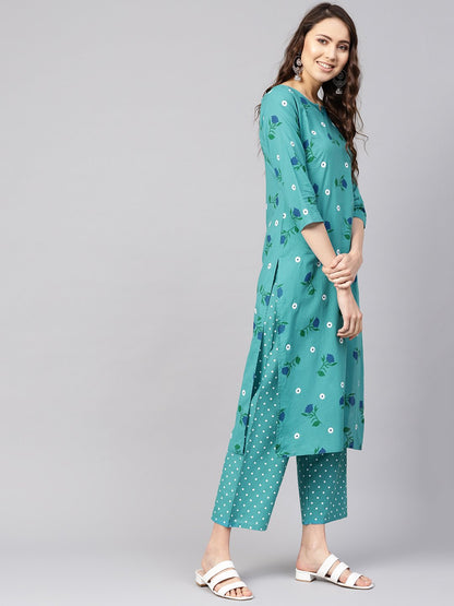 Women's Green & Peach-Coloured Printed Kurta With Trousers & Dupatta