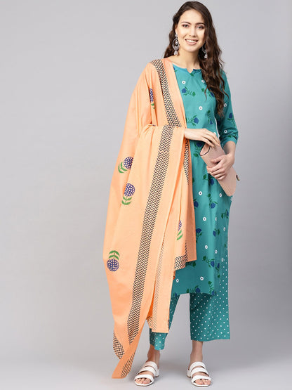 Women's Green & Peach-Coloured Printed Kurta With Trousers & Dupatta
