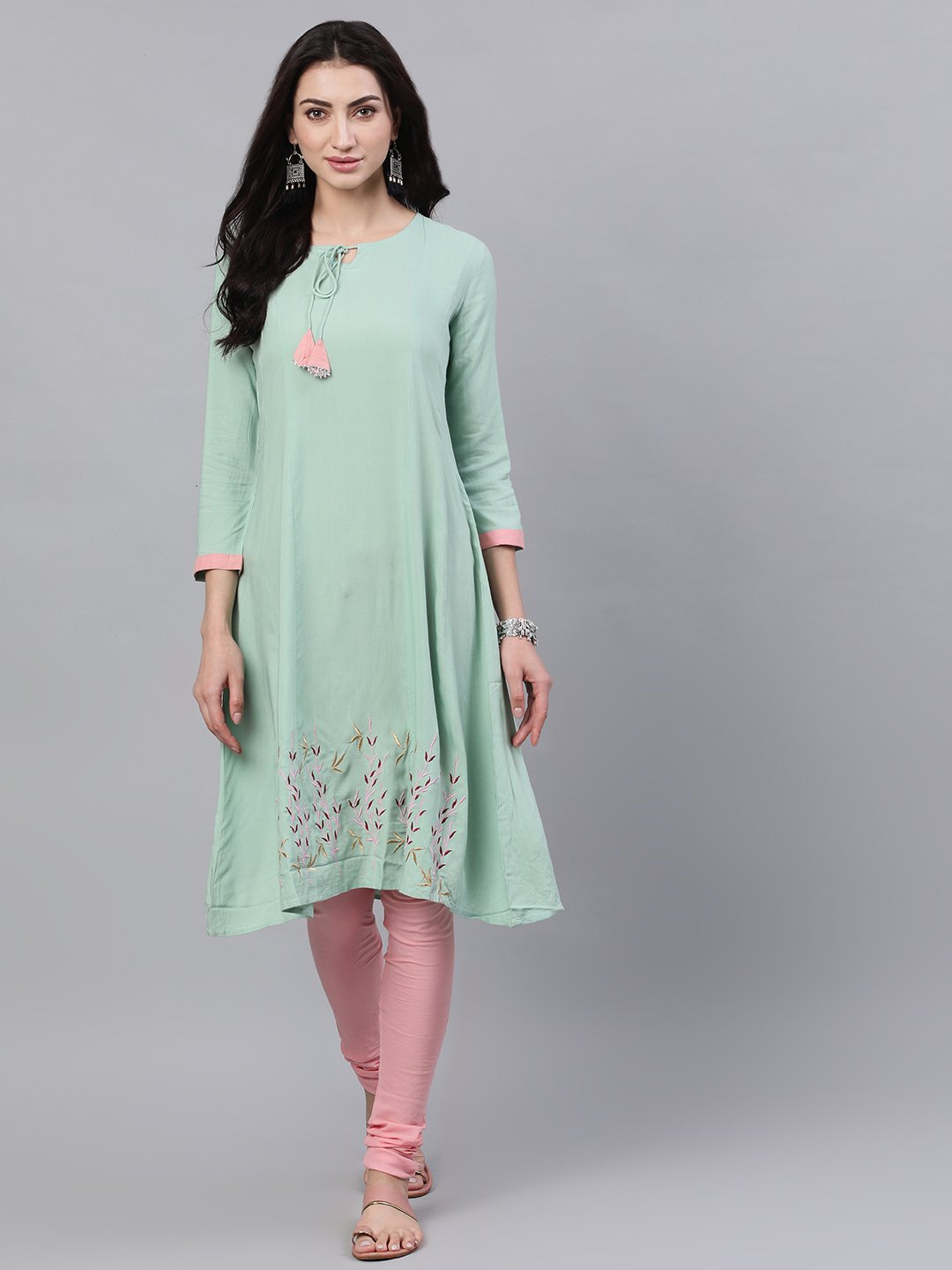 Women's Pastel Green And Pink Embroidered Boat Neck With V-Slit 3/4Th Sleeves  Kurta With Pink Churidar