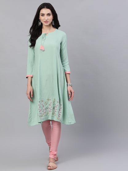 Women's Pastel Green And Pink Embroidered Boat Neck With V-Slit 3/4Th Sleeves  Kurta With Pink Churidar