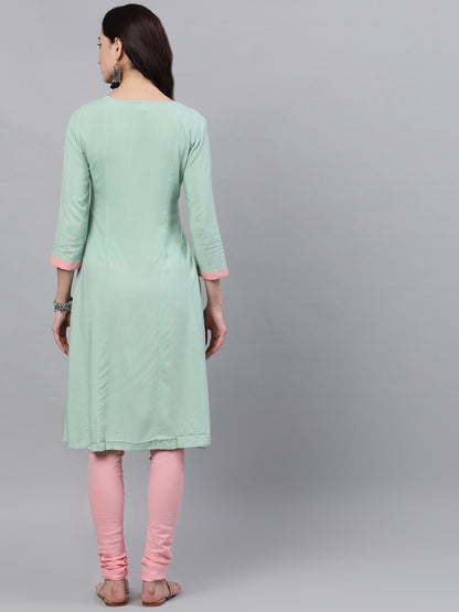 Women's Pastel Green And Pink Embroidered Boat Neck With V-Slit 3/4Th Sleeves  Kurta With Pink Churidar