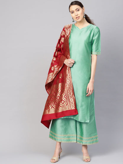 Women's Sea Green & Maroon Solid Kurta With Palazzos & Dupatta