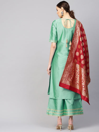 Women's Sea Green & Maroon Solid Kurta With Palazzos & Dupatta