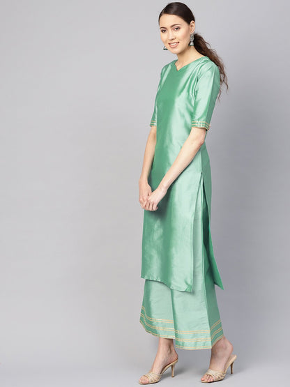 Women's Sea Green & Maroon Solid Kurta With Palazzos & Dupatta