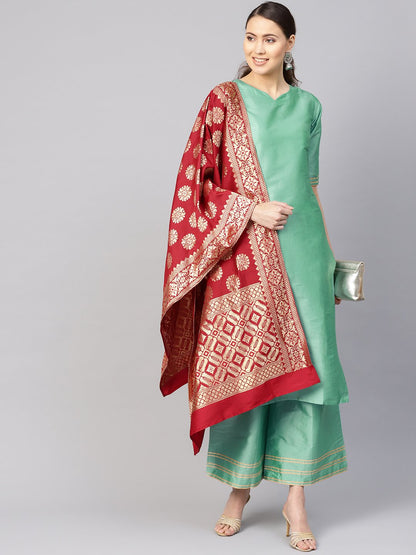 Women's Sea Green & Maroon Solid Kurta With Palazzos & Dupatta
