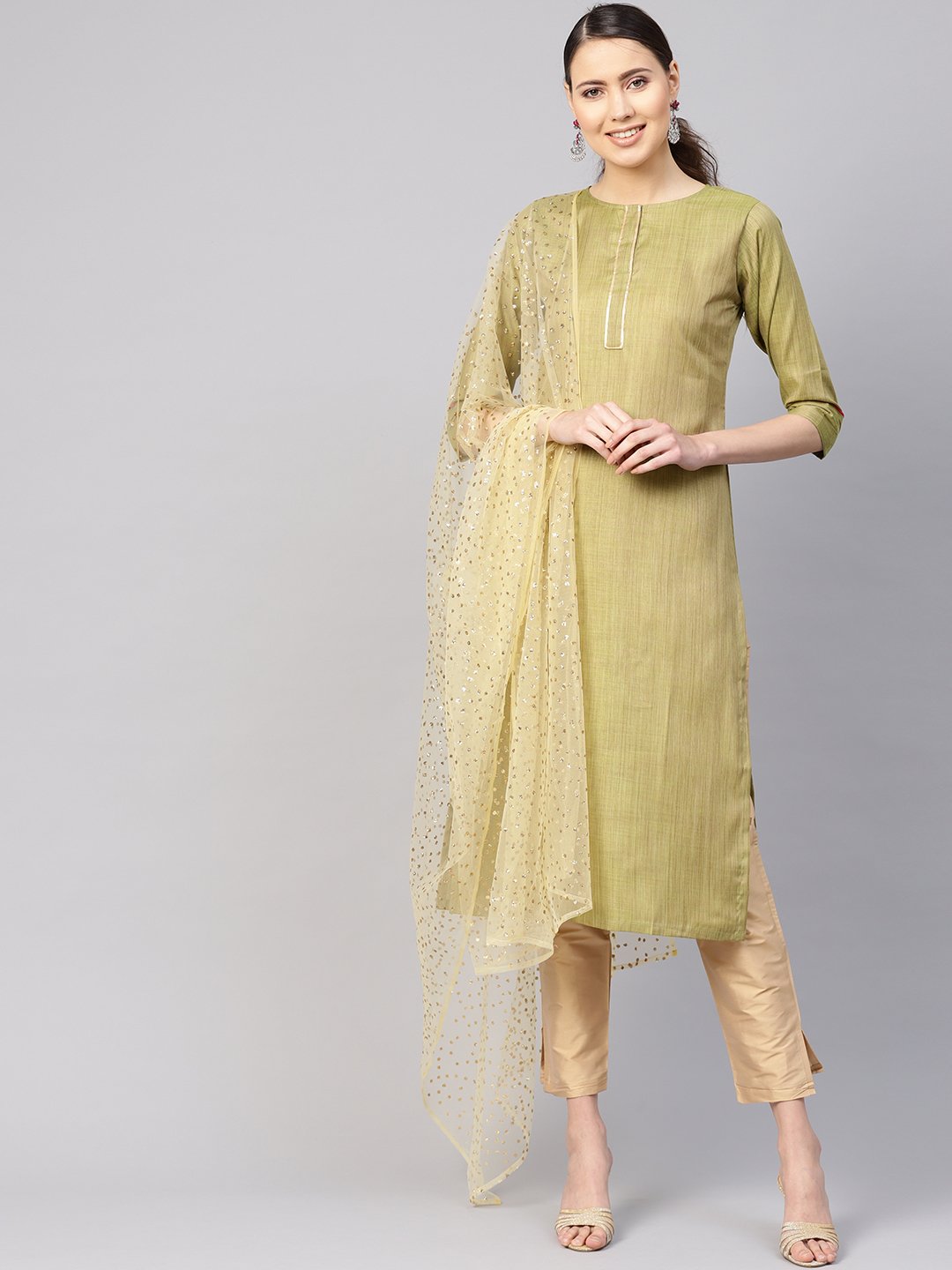 Women's Green & Beige Solid Kurta With Trousers & Dupatta