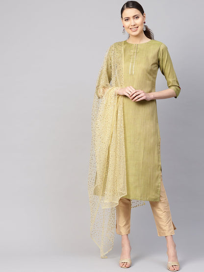 Women's Green & Beige Solid Kurta With Trousers & Dupatta