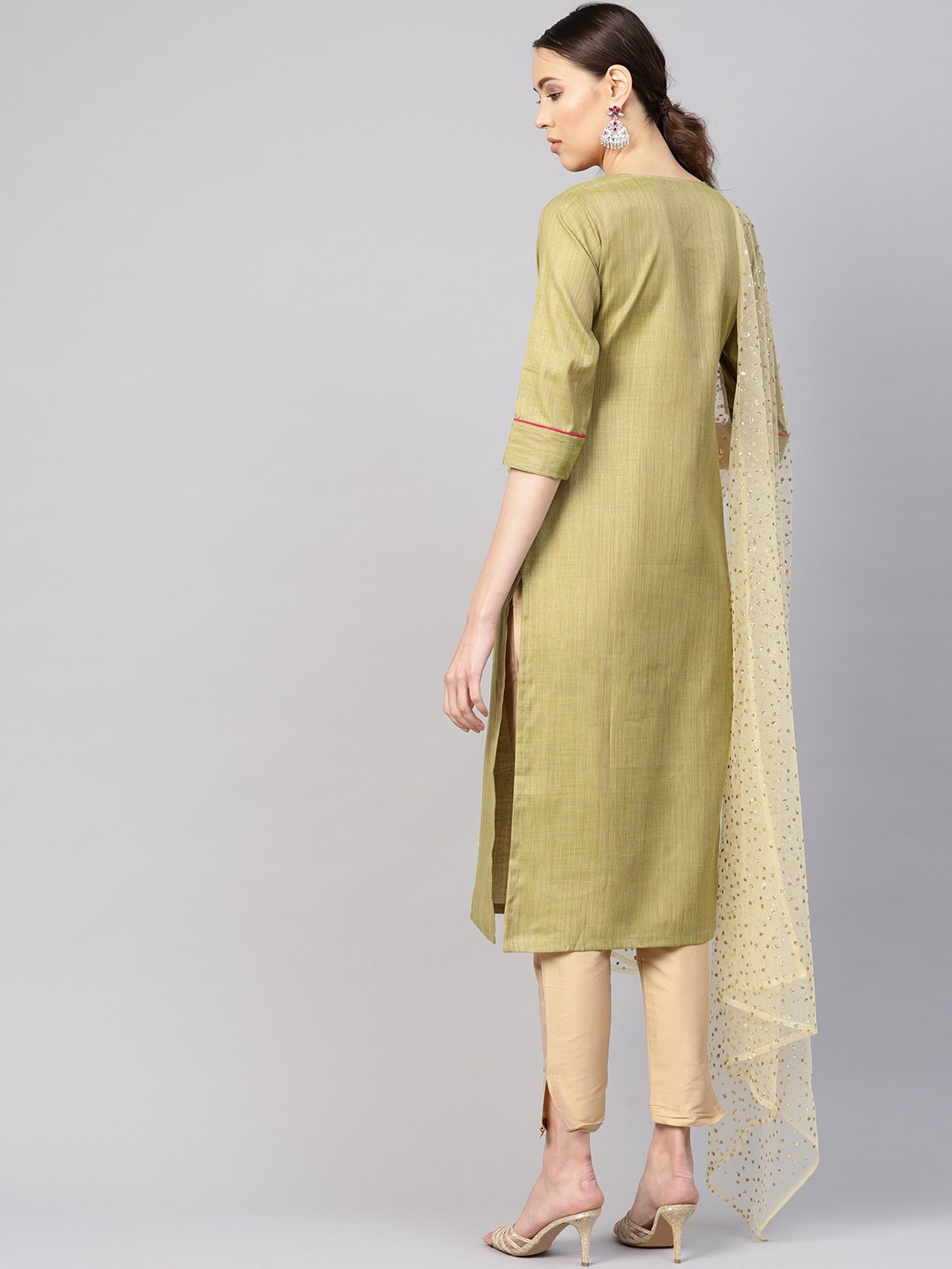 Women's Green & Beige Solid Kurta With Trousers & Dupatta