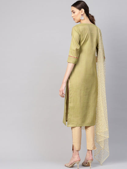 Women's Green & Beige Solid Kurta With Trousers & Dupatta