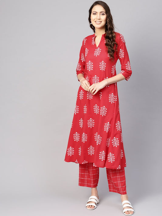 Women's Red & White Printed Kurta With Trousers