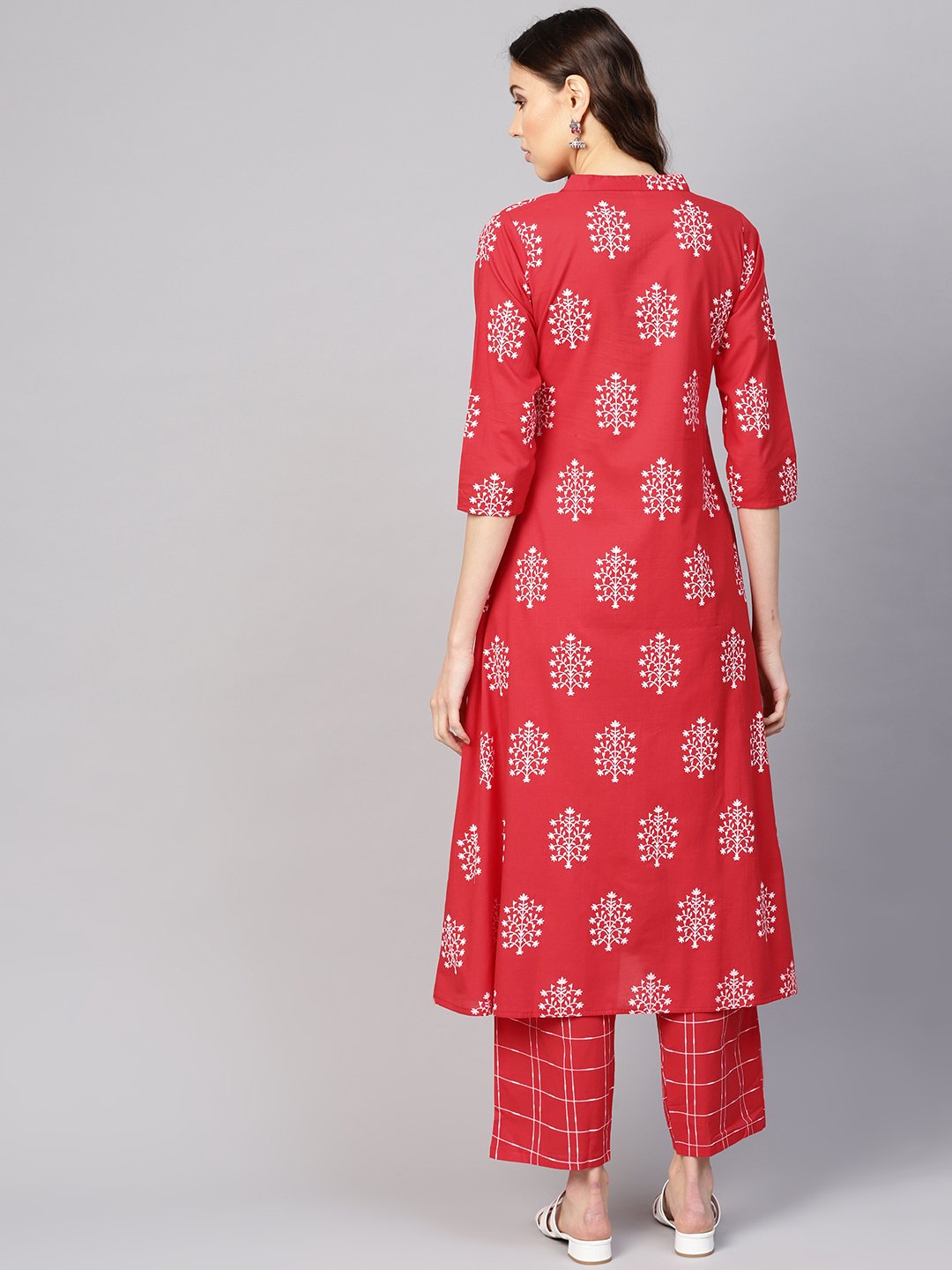 Women's Red & White Printed Kurta With Trousers