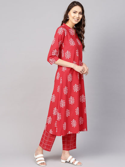 Women's Red & White Printed Kurta With Trousers