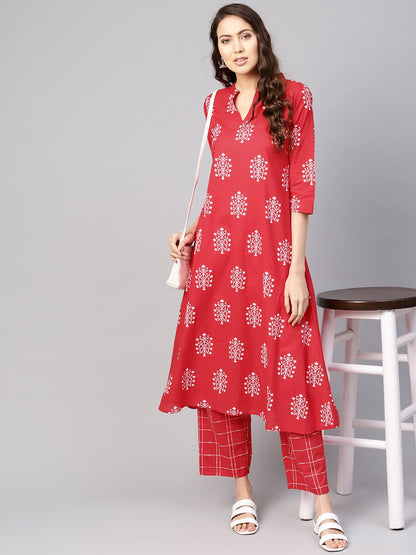 Women's Red & White Printed Kurta With Trousers