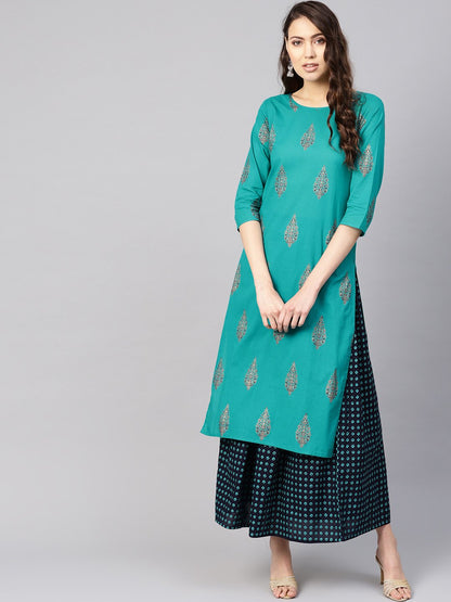 Women's Green & Navy Blue Printed Kurta With Skirt