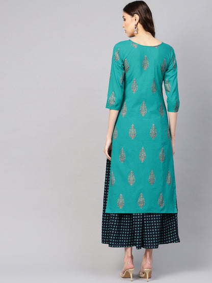 Women's Green & Navy Blue Printed Kurta With Skirt