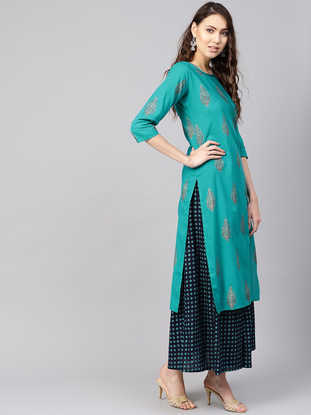 Women's Green & Navy Blue Printed Kurta With Skirt