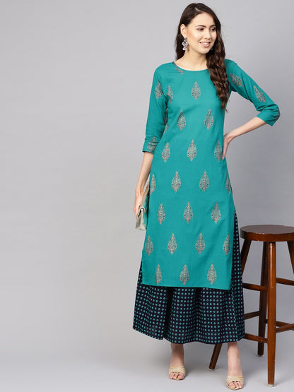 Women's Green & Navy Blue Printed Kurta With Skirt