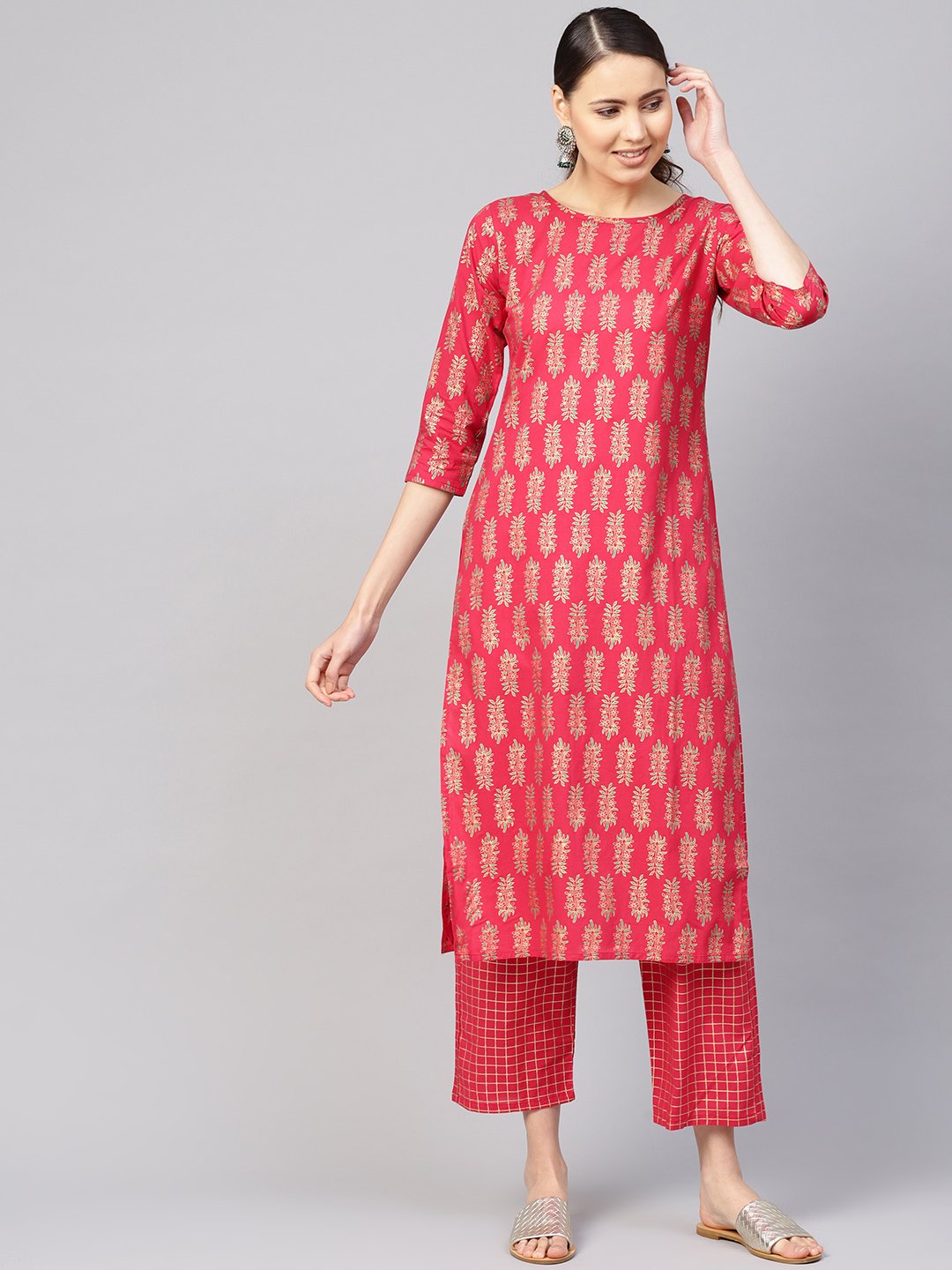 Women's Red & Golden Printed Kurta With Trousers