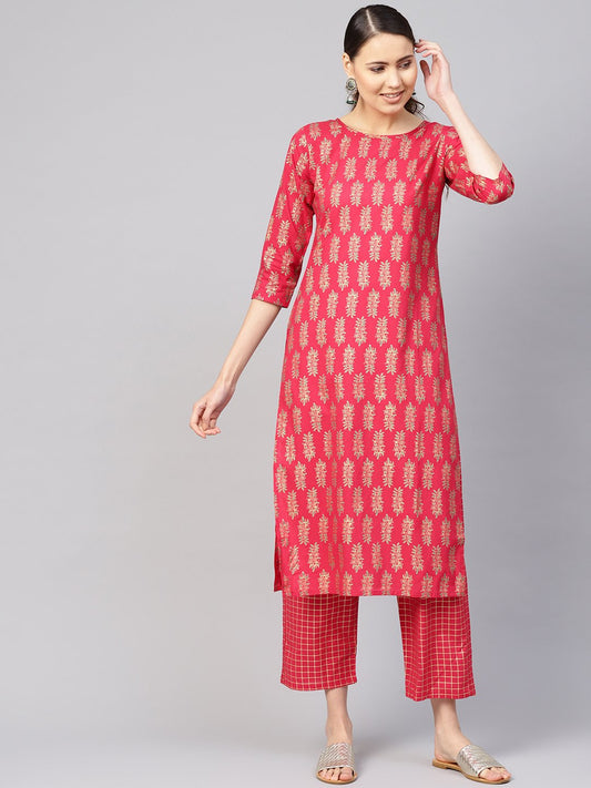 Women's Red & Golden Printed Kurta With Trousers