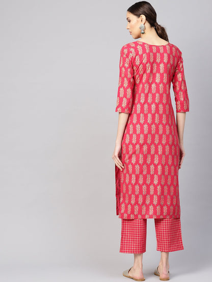 Women's Red & Golden Printed Kurta With Trousers
