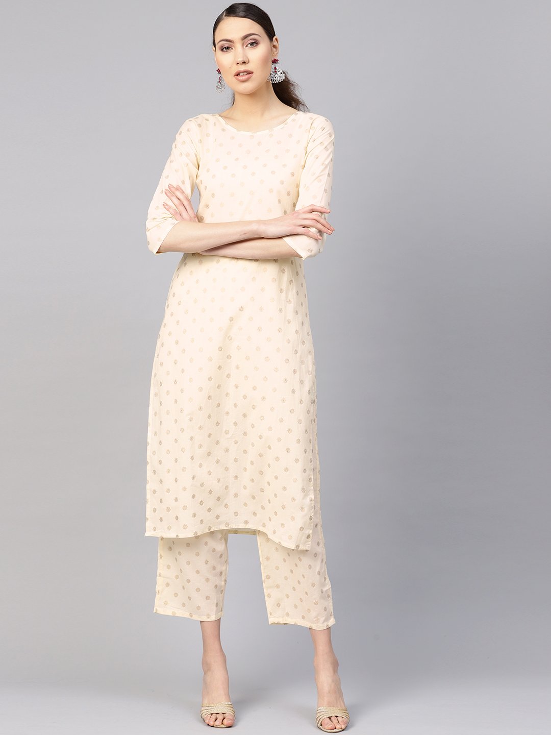 Women's Cream-Coloured & Golden Printed Kurta With Trousers