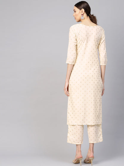 Women's Cream-Coloured & Golden Printed Kurta With Trousers
