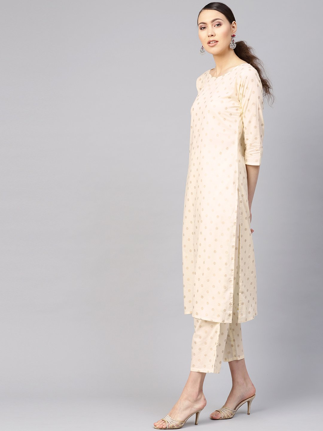 Women's Cream-Coloured & Golden Printed Kurta With Trousers
