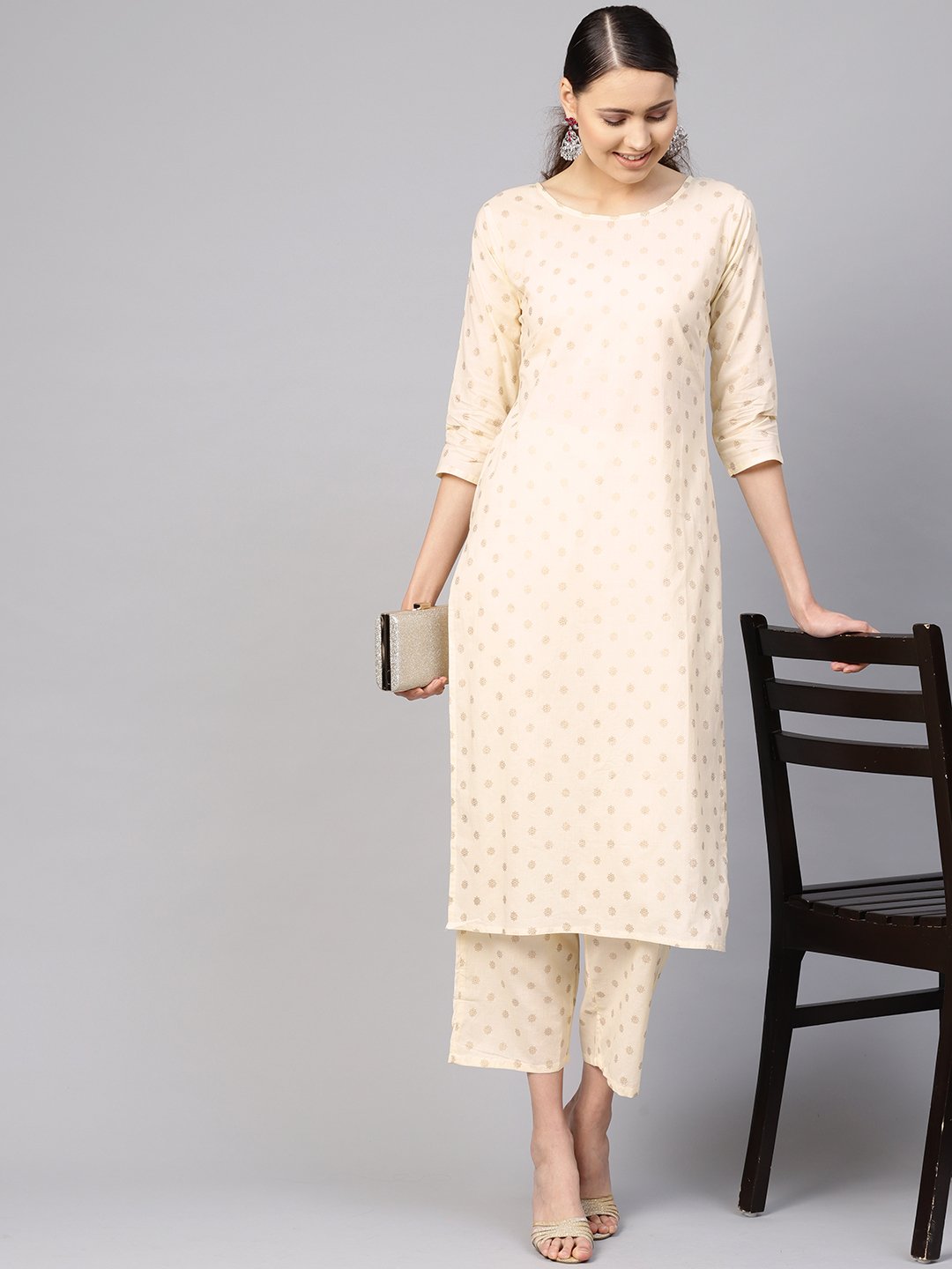 Women's Cream-Coloured & Golden Printed Kurta With Trousers
