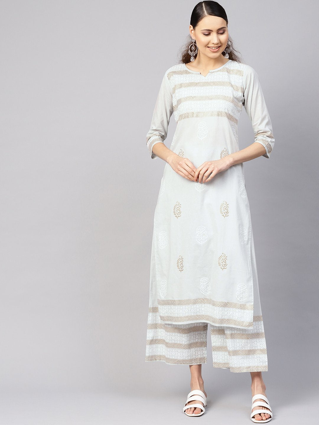 Women's Grey & Golden Block Print Kurta With Palazzos