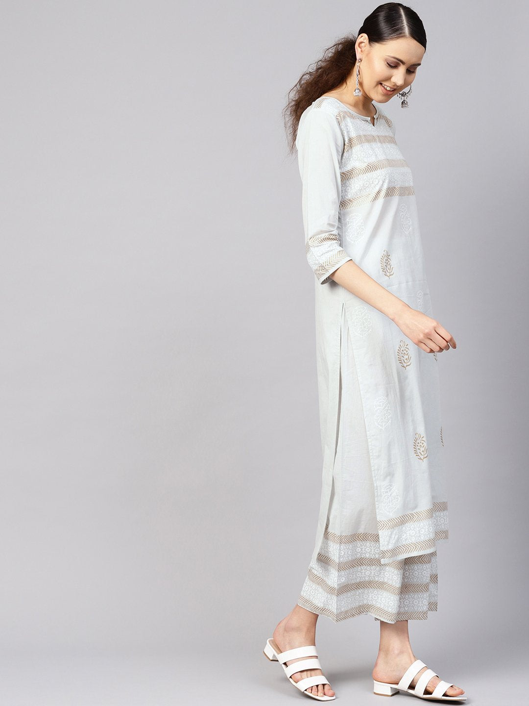 Women's Grey & Golden Block Print Kurta With Palazzos