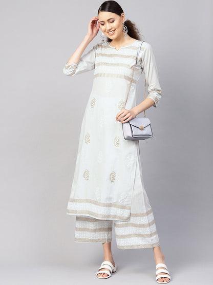 Women's Grey & Golden Block Print Kurta With Palazzos