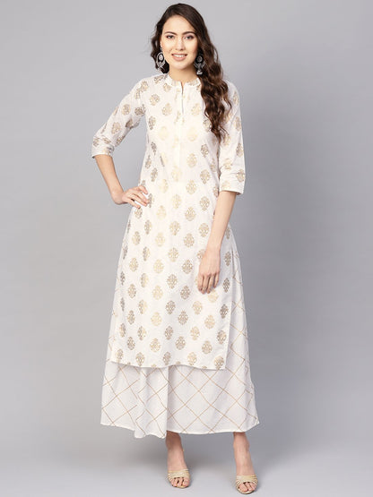 Women's White & Golden Printed Kurta With Skirt