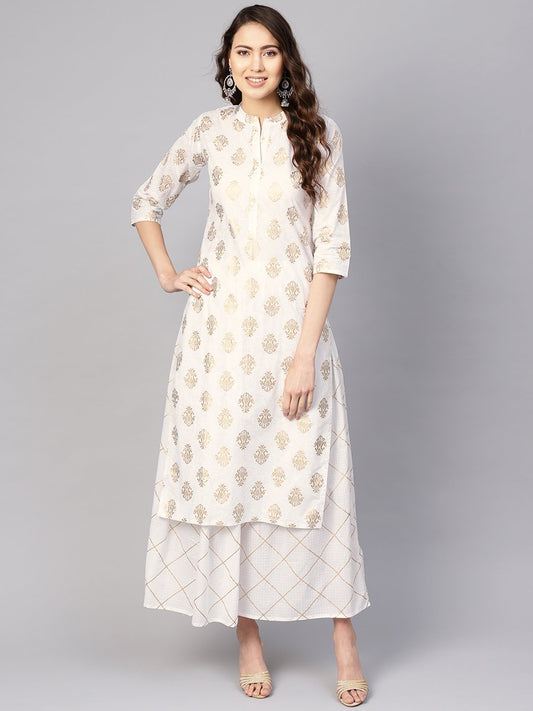 Women's White & Golden Printed Kurta With Skirt
