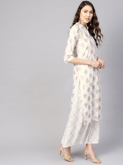 Women's White & Golden Printed Kurta With Skirt