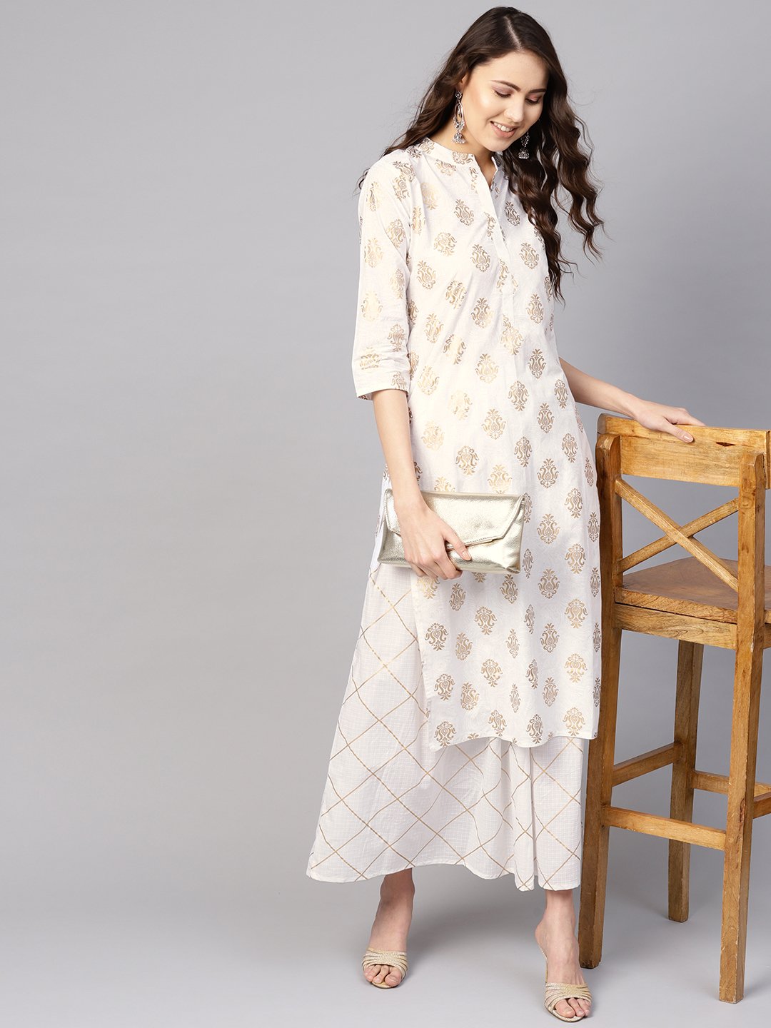 Women's White & Golden Printed Kurta With Skirt