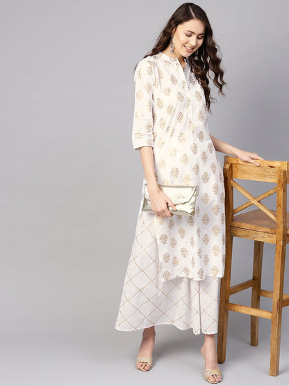 Women's White & Golden Printed Kurta With Skirt