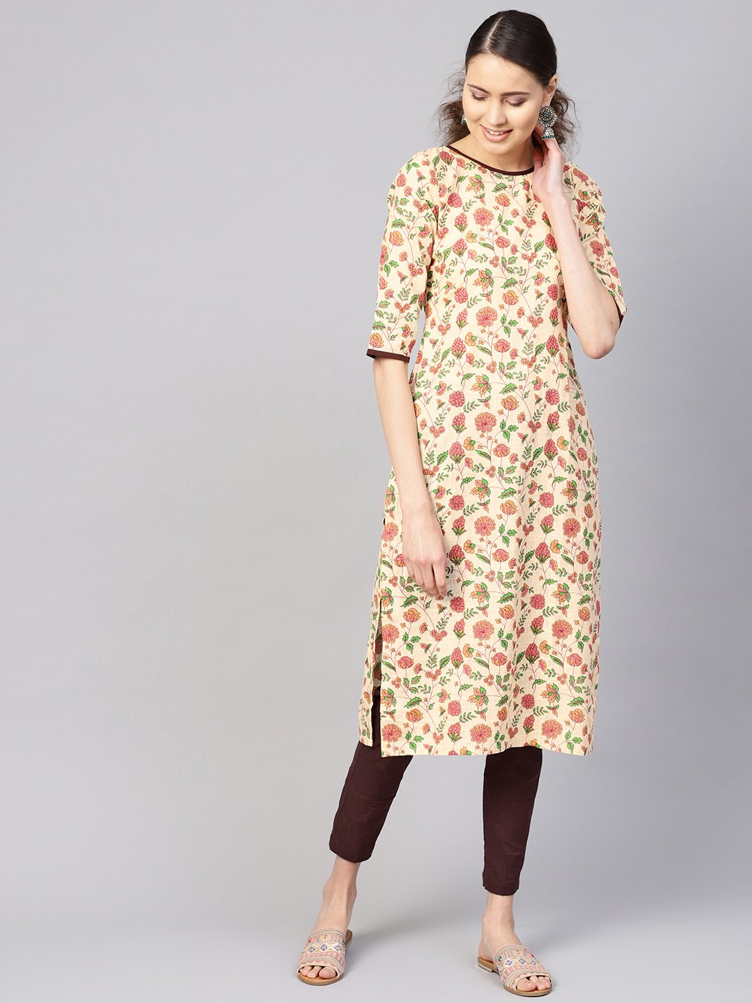 Women's Cream-Coloured & Brown Printed Kurta With Trousers