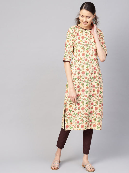 Women's Cream-Coloured & Brown Printed Kurta With Trousers
