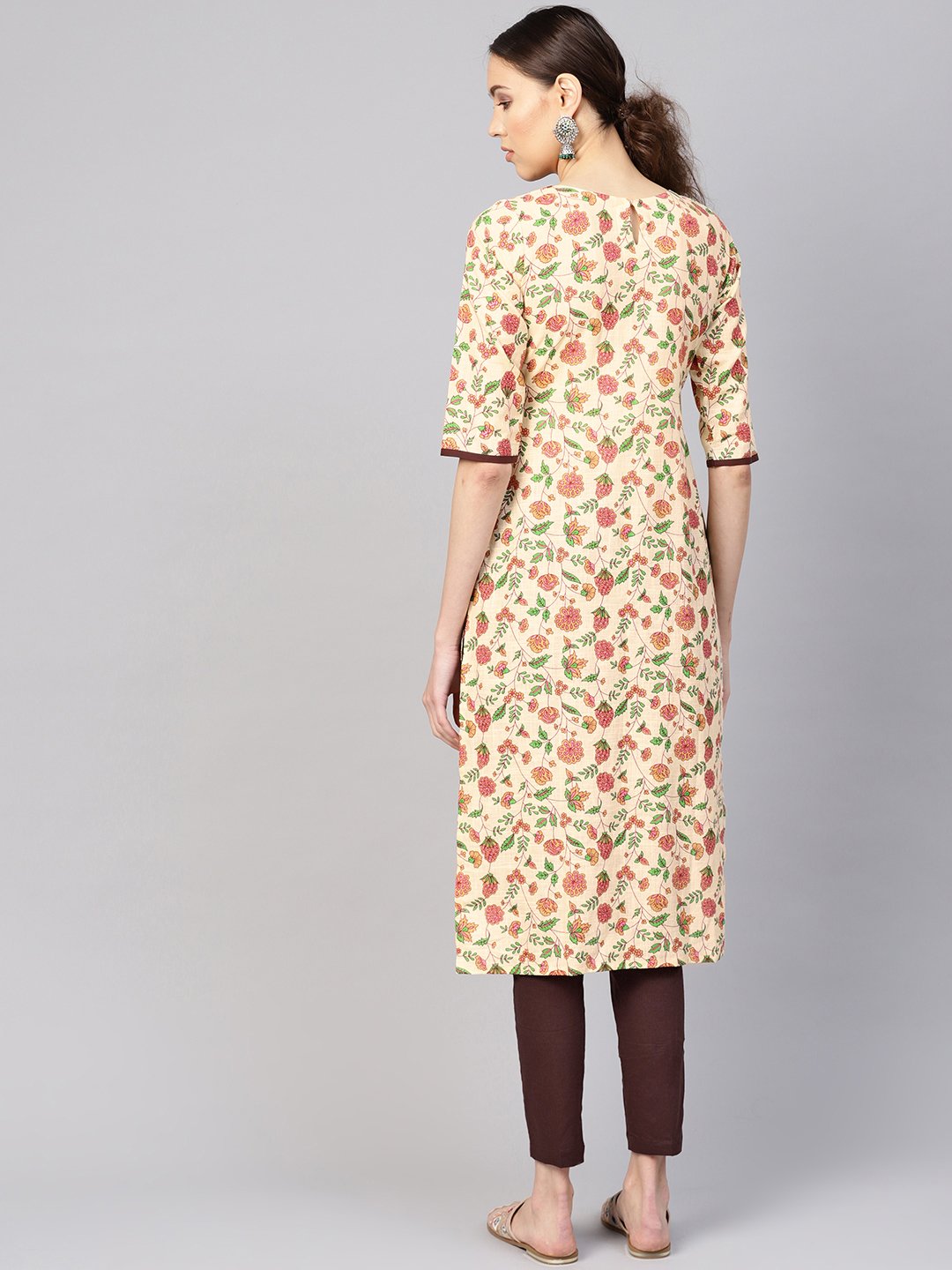 Women's Cream-Coloured & Brown Printed Kurta With Trousers