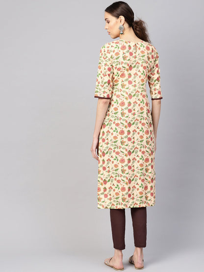 Women's Cream-Coloured & Brown Printed Kurta With Trousers