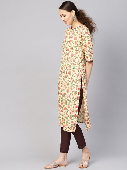 Women's Cream-Coloured & Brown Printed Kurta With Trousers