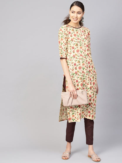 Women's Cream-Coloured & Brown Printed Kurta With Trousers