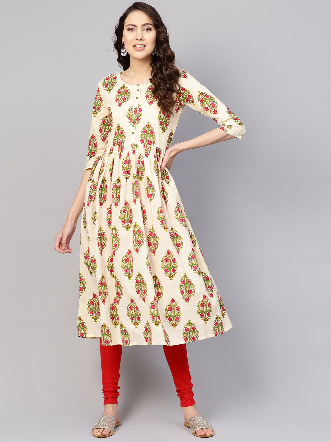 Women's Off-White & Green Printed Midi Fit And Flare Dress