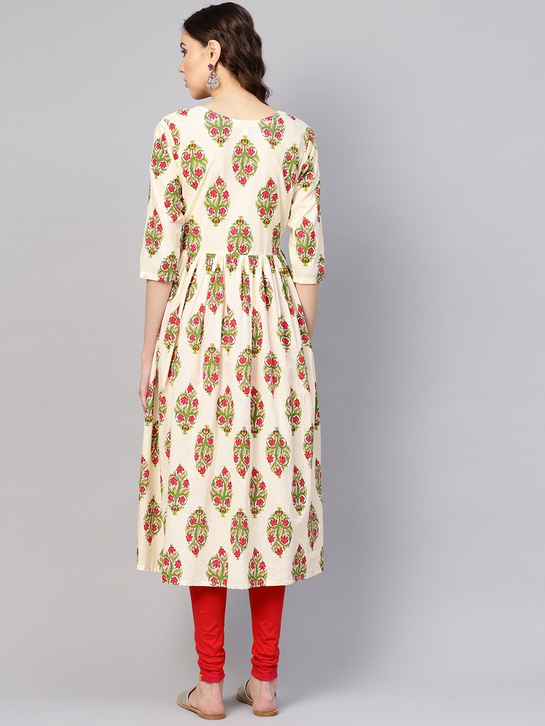 Women's Off-White & Green Printed Midi Fit And Flare Dress