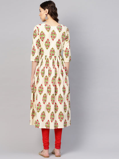 Women's Off-White & Green Printed Midi Fit And Flare Dress