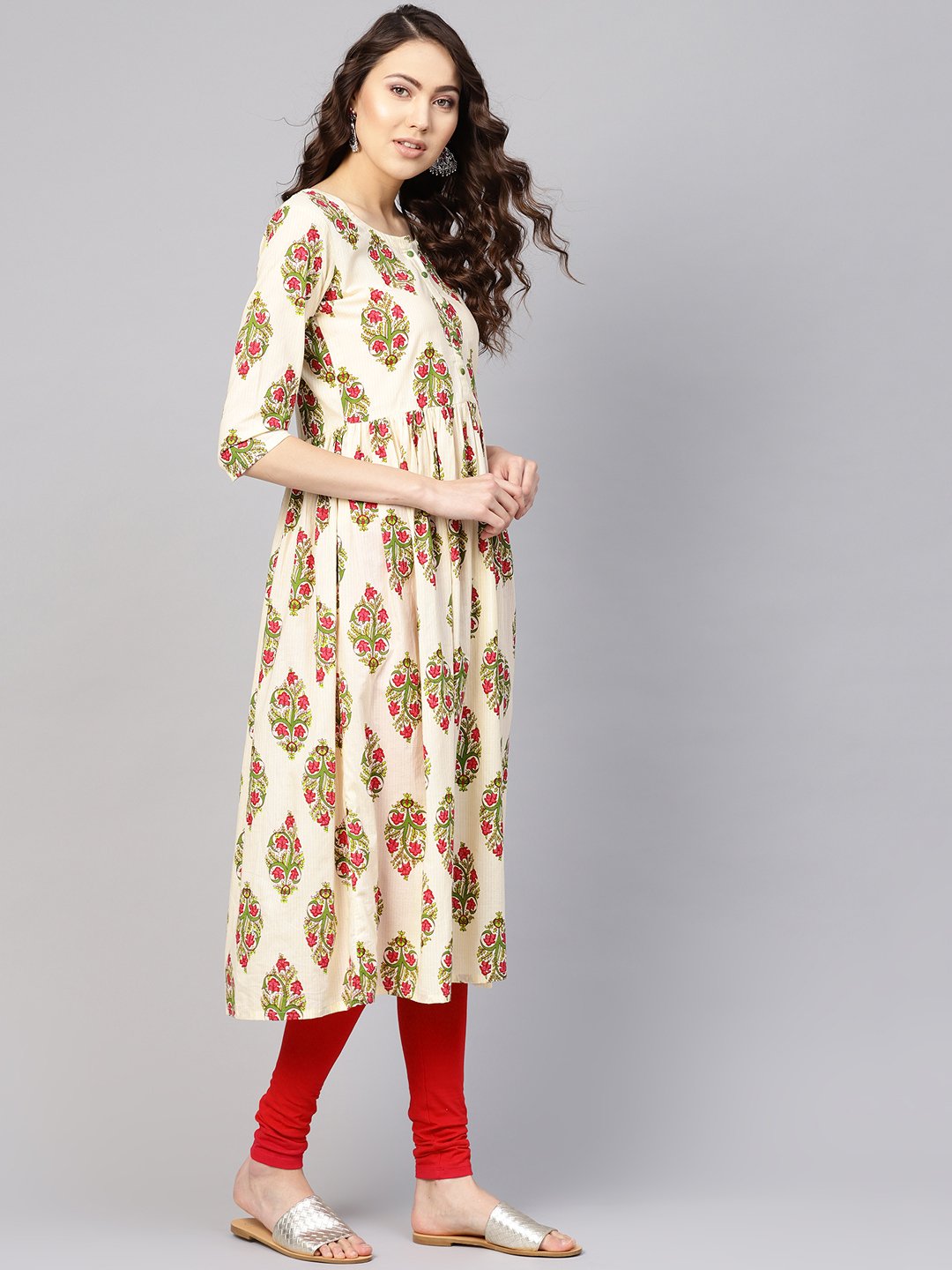 Women's Off-White & Green Printed Midi Fit And Flare Dress