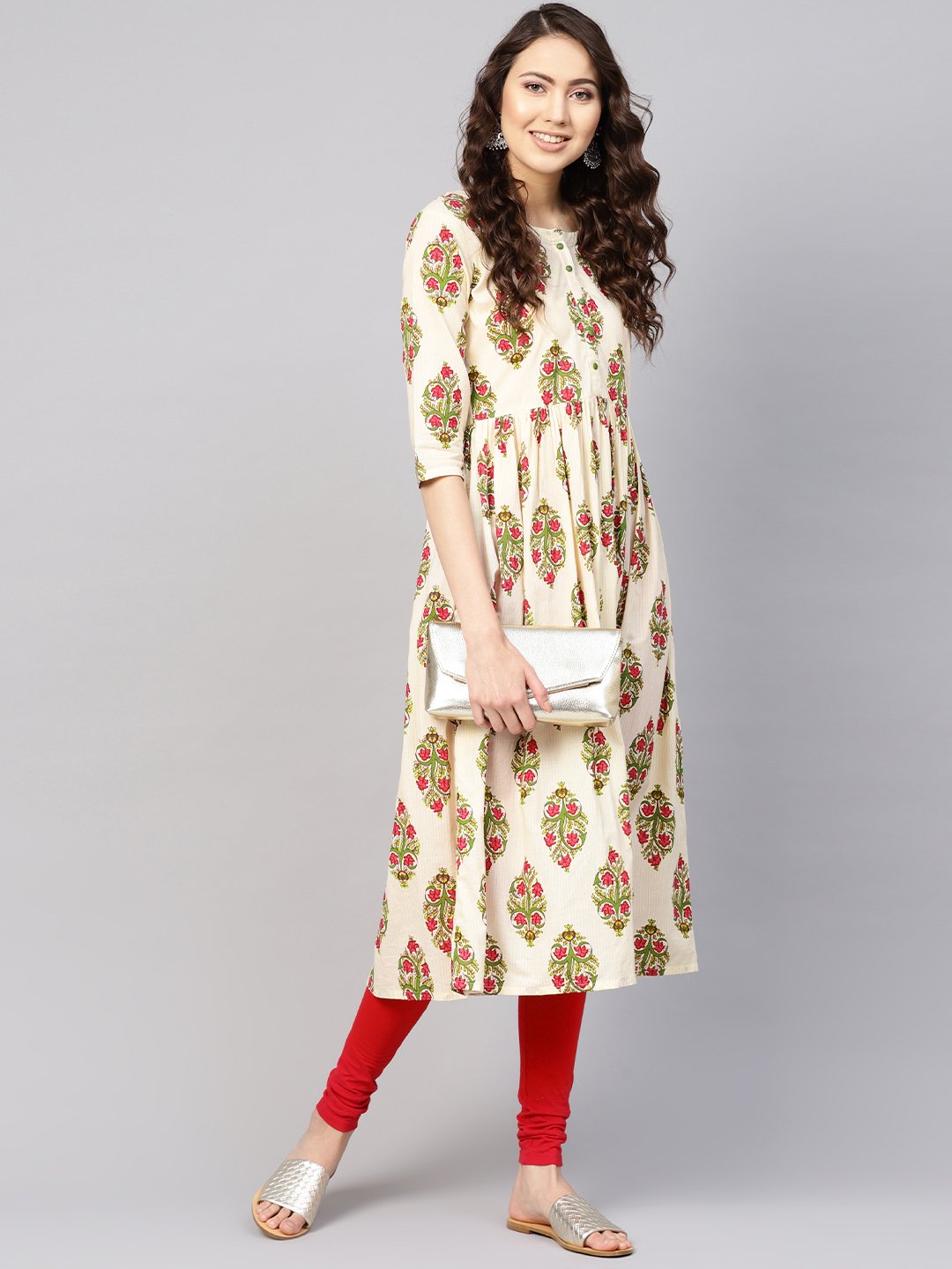 Women's Off-White & Green Printed Midi Fit And Flare Dress